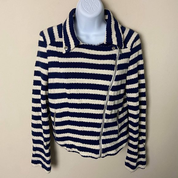 Promod Jackets & Blazers - Promod Navy Blue and White Striped Moto Knit Jacket size Large
